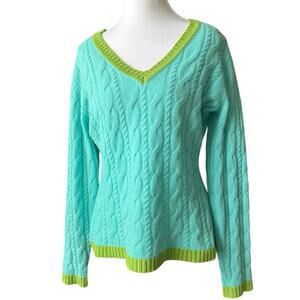 Neiman Marcus Cashmere Cable Knit Sweater L Aquamarine Green Trim V Neck Soft